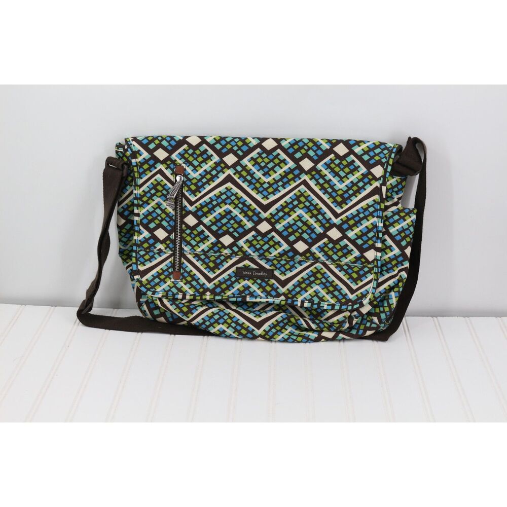 Vera Bradley Laptop Lighten Up Messenger Bag In Rain Forest Print Green Blue